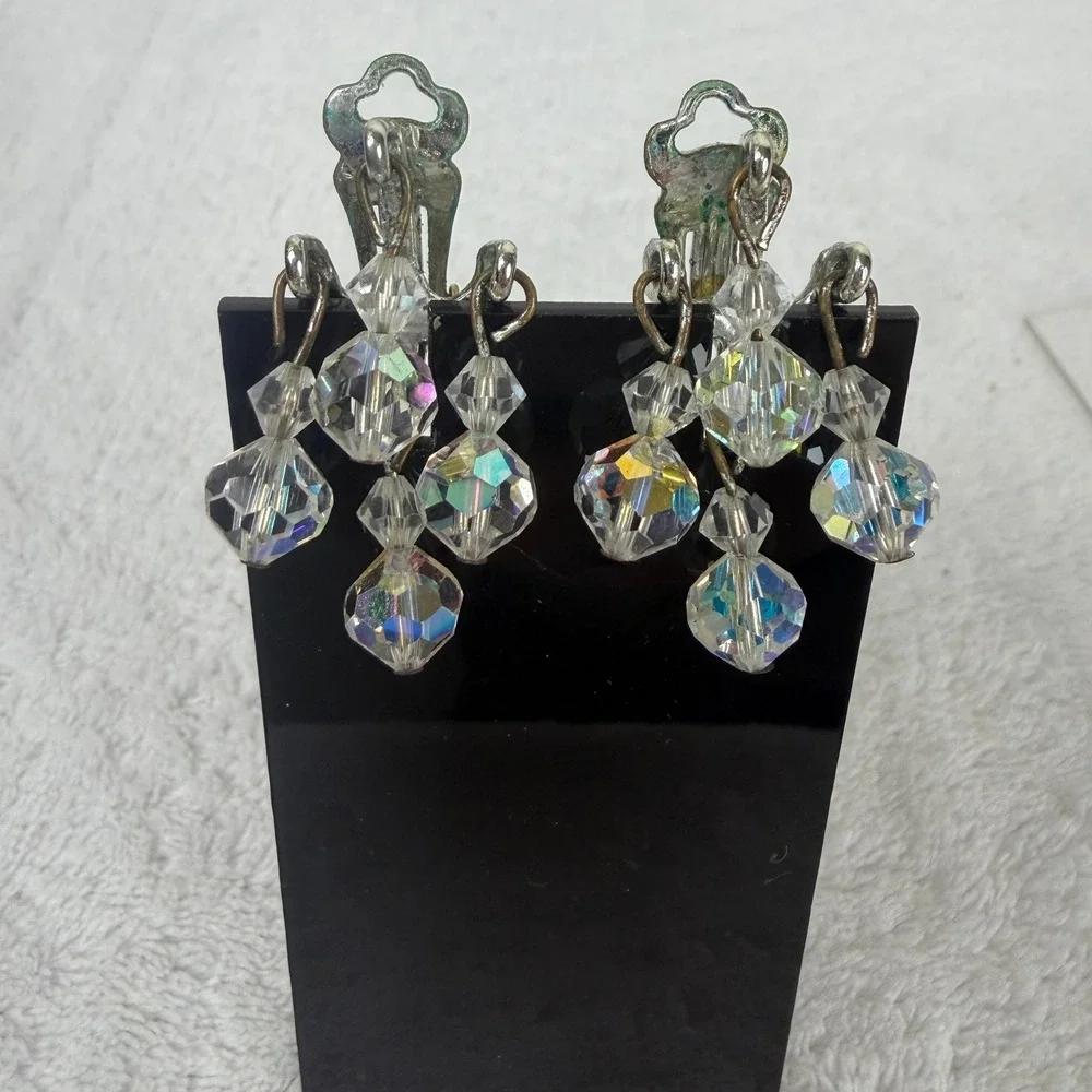 Vintage Aurora Borealis AB Crystal Chandelier Clip On Earrings Silver Tone Drop